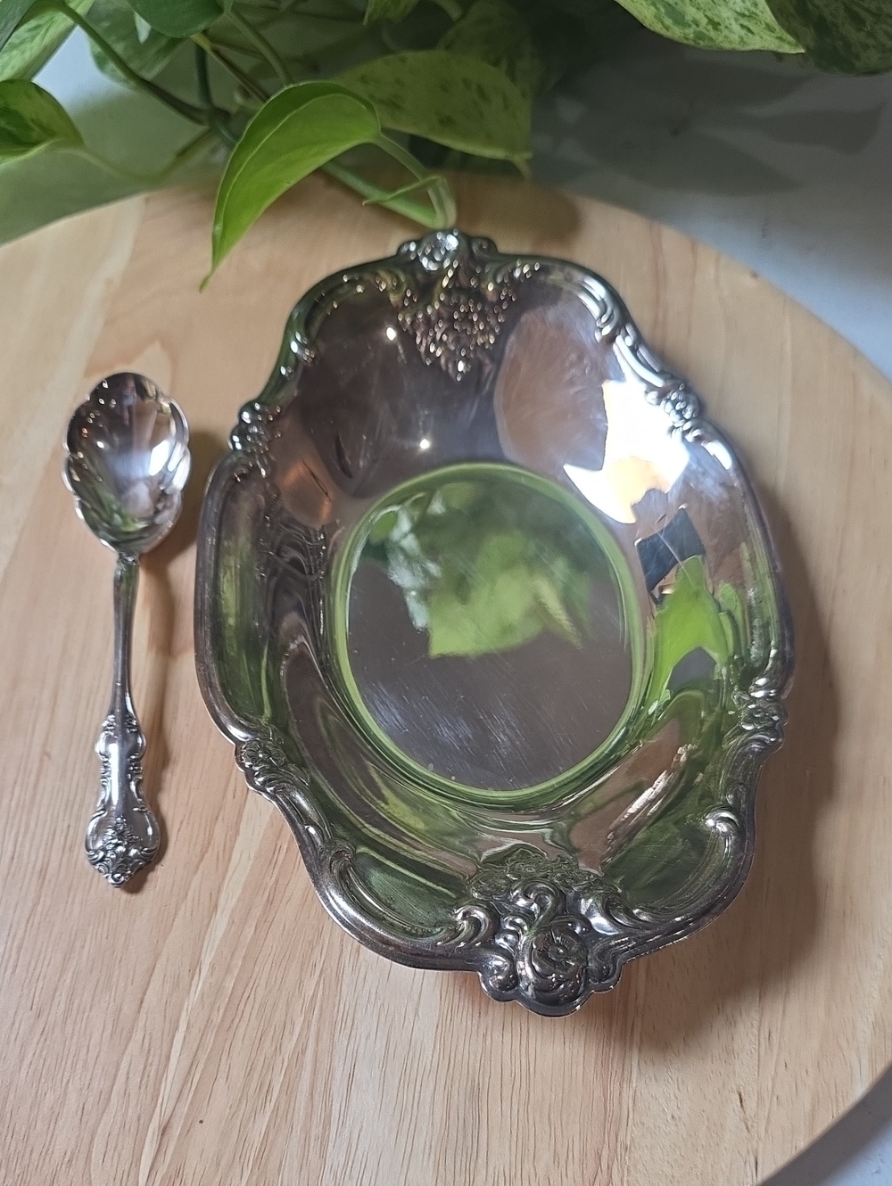 Vintage International Silver Company ornate oval dish and spoon  Orleans pattern